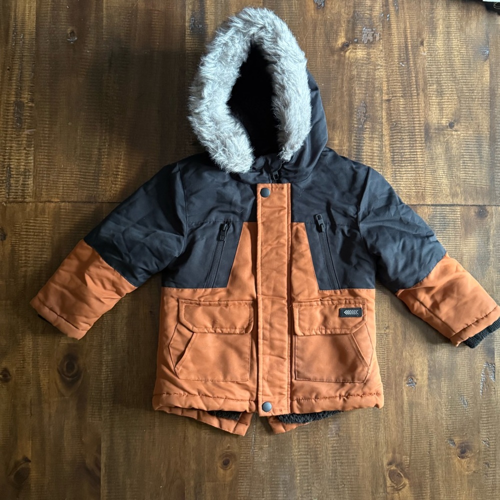Black and Orange Hooded Jacket with Faux Fur Trim
